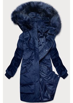 Sztruksowa zimowa kurtka damska z kapturem granatowa (7764) ze sklepu goodlookin.pl w kategorii Kurtki damskie - zdjęcie 175072421