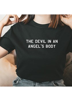 T-shirt damski czarny THE DEVIL IN AN ANGEL'S BODY ze sklepu Time For Fashion w kategorii Bluzki damskie - zdjęcie 175635793