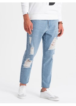 Męskie spodnie jeansowe TAPERED FIT z dziurami – jasnoniebieskie V1 OM-PADP-0175 ze sklepu ombre w kategorii Jeansy męskie - zdjęcie 175721710