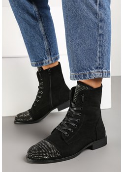 Czarne Płaskie Sznurowane Botki Ozdobione Cyrkoniami Innithra ze sklepu born2be.pl w kategorii Botki - zdjęcie 176064790