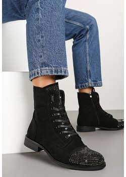 Czarne Botki na Płaskiej Podeszwie ze Sznurowaniem i Cyrkoniami Innama ze sklepu renee.pl w kategorii Botki - zdjęcie 176072614