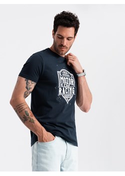 T-shirt męski z nadrukiem w stylu motocyklowym – granatowy V4 OM-TSPT-0125 ze sklepu ombre w kategorii T-shirty męskie - zdjęcie 176080561