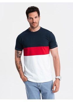 T-shirt męski trójkolorowy w szerokie pasy - granatowo-biały V1 OM-TSCT-0152 ze sklepu ombre w kategorii T-shirty męskie - zdjęcie 176080843