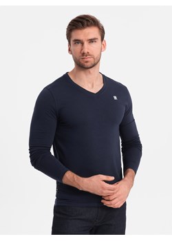 Longsleeve męski z elastanem sygnowany z dekoltem w serek - granatowy V2 OM-LSCL-0110 ze sklepu ombre w kategorii T-shirty męskie - zdjęcie 176248090