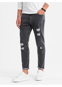 Washowane męskie spodnie jeansowe TAPERED FIT z przetarciami – grafitowe V3 OM-PADP-0163 ze sklepu ombre w kategorii Jeansy męskie - zdjęcie 176266014