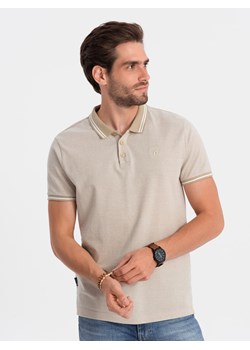 Melanżowa koszulka męska polo z kontrastowym kołnierzykiem -  kremowa V4 S1618 ze sklepu ombre w kategorii T-shirty męskie - zdjęcie 176298220