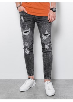 Spodnie męskie jeansowe z dziurami SLIM FIT - szare V2 P1065 ze sklepu ombre w kategorii Spodnie męskie - zdjęcie 176307822