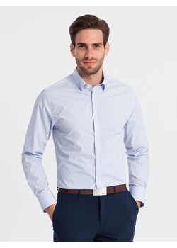 Klasyczna męska bawełniana koszula SLIM FIT w mikro wzór - błękitna V7 OM-SHCS-0156 ze sklepu ombre w kategorii Koszule męskie - zdjęcie 176316050