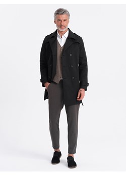 Elegancki płaszcz męski trencz SLIM FIT z paskiem - czarny V2 OM-COSC-0111 ze sklepu ombre w kategorii Płaszcze męskie - zdjęcie 176445052