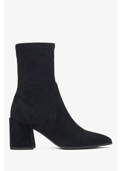 Estro: Czarne botki damskie na słupku z weluru naturalnego z elastyczną cholewą ze sklepu Estro w kategorii Botki - zdjęcie 176471842