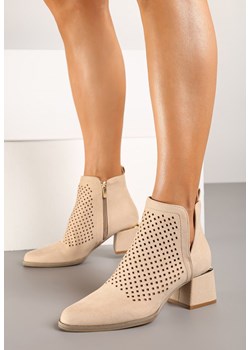 Beżowe Botki Vices na Słupku z Metaliczną Wstawką i Ażurowym Zdobieniem Vleferdia ze sklepu born2be.pl w kategorii Botki - zdjęcie 176561571