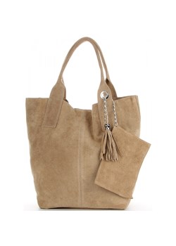 Włoska Torebka Skórzana  Shopper bag Zamsz Naturalny Ciemno Beżowa ze sklepu PaniTorbalska w kategorii Torby Shopper bag - zdjęcie 176585382