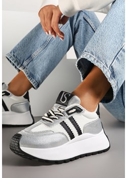 Biało-Srebrne Sznurowane Sneakersy Vices na Grubej Podeszwie z Metaliczną Wstawką Nelenia ze sklepu born2be.pl w kategorii Buty sportowe damskie - zdjęcie 177572614