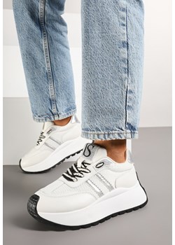 Białe Sznurowane Sneakersy Vices na Grubej Podeszwie z Metaliczną Wstawką Nelenia ze sklepu born2be.pl w kategorii Buty sportowe damskie - zdjęcie 177572621
