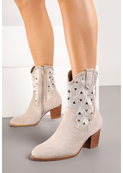 Jasnobeżowe Botki Vices na Obcasie w Stylu Kowbojek Ozdobione Ażurowym Wzorem Zelori ze sklepu born2be.pl w kategorii Botki - zdjęcie 177572751