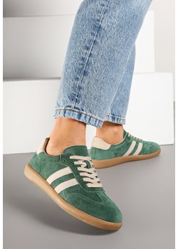 Zielone Sneakersy na Płaskiej Podeszwie ze Skórzaną Wkładką i Geometrycznym Wzorem Nelirria ze sklepu born2be.pl w kategorii Buty sportowe damskie - zdjęcie 177655933