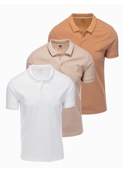 Komplet bawełnianych t-shirtów męskich polo BASIC – biały/cielisty/jasnobrązowy V6 OM-POBS-0133 ze sklepu ombre w kategorii T-shirty męskie - zdjęcie 177659003