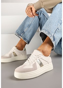 Beżowo-Złote Sneakersy na Platformie Ozdobione Paskami ze Sznurowaniem Bormi ze sklepu renee.pl w kategorii Buty sportowe damskie - zdjęcie 178033244