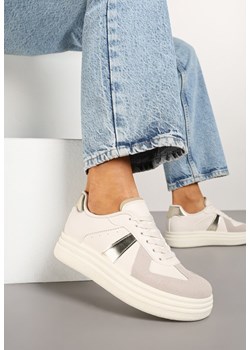 Beżowo-Złote Sznurowane Sneakersy na Grubej Podeszwie z Geometrycznym Motywem Melmi ze sklepu born2be.pl w kategorii Buty sportowe damskie - zdjęcie 178033714