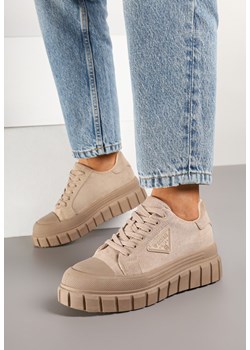 Ciemnobeżowe Sneakersy Vices na Platformie z Ozdobą i Napisem Leawen ze sklepu renee.pl w kategorii Buty sportowe damskie - zdjęcie 178068254