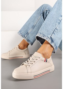 Beżowe Płaskie Sneakersy ze Skóry Naturalnej ze Skórzaną Wkładką Ozdobione Perforacją Zelili ze sklepu born2be.pl w kategorii Buty sportowe damskie - zdjęcie 178069583