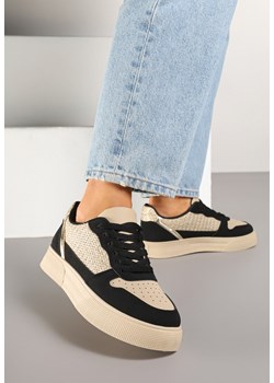 Beżowo-Czarne Sneakersy na Grubej Podeszwie z Brokatem Perforacją i Plecionką Mirreina ze sklepu born2be.pl w kategorii Buty sportowe damskie - zdjęcie 178150340