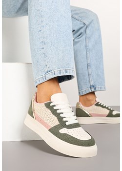 Beżowo-Zielone Sneakersy na Grubej Podeszwie z Brokatem Perforacją i Plecionką Mirreina ze sklepu born2be.pl w kategorii Buty sportowe damskie - zdjęcie 178150352
