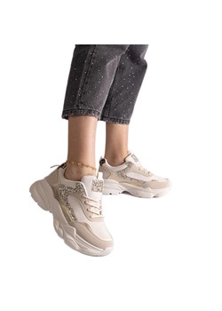 Beżowe sneakersy z brokatowymi wstawkami beżowy ze sklepu ButyModne.pl w kategorii Buty sportowe damskie - zdjęcie 178153184