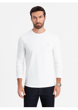 Męski longsleeve SLIM FIT z elastanem i printem – biały V2 OM-LSBC-0124 ze sklepu ombre w kategorii T-shirty męskie - zdjęcie 178156070