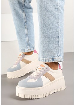 Beżowo-Niebieskie Sneakersy w Stylu Tenisówek na Platformie z Tłoczeniami Firreis ze sklepu born2be.pl w kategorii Buty sportowe damskie - zdjęcie 178159320