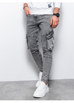 Jeansowe spodnie cargo SLIM FIT z efektem wybielania – szare V1 OM-PADP-0176 ze sklepu ombre w kategorii Jeansy męskie - zdjęcie 178163250