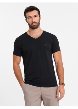 T-shirt męski V-neck SLIM FIT z elastanem i printem  – czarny V1 OM-TSBC-0221 ze sklepu ombre w kategorii T-shirty męskie - zdjęcie 178173441