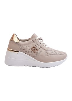 Damskie Skórzane Sneakersy Na Koturnie Beżowe S.Barski LR810 beżowy ze sklepu ButyModne.pl w kategorii Buty sportowe damskie - zdjęcie 178214193
