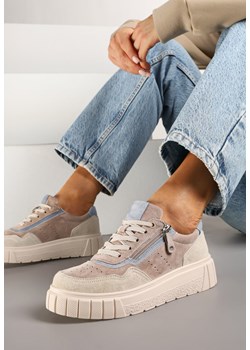 Beżowo-Niebieskie Skórzane Sneakersy w Streetwearowym Stylu Zdobione Suwakiem Elearessa ze sklepu born2be.pl w kategorii Buty sportowe damskie - zdjęcie 178410352