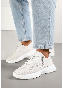 Białe Skórzane Sneakersy z Ozdobnym Suwakiem Selami ze sklepu born2be.pl w kategorii Buty sportowe damskie - zdjęcie 178411303