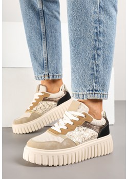 Beżowe Sneakersy na Tłoczonej Podeszwie ze Zdobieniami w Panterkę Gerraza ze sklepu born2be.pl w kategorii Buty sportowe damskie - zdjęcie 178415151