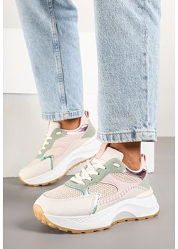 Beżowo-Zielone Sneakersy z Metalicznymi Wstawkami Evelsemi ze sklepu born2be.pl w kategorii Buty sportowe damskie - zdjęcie 178415271