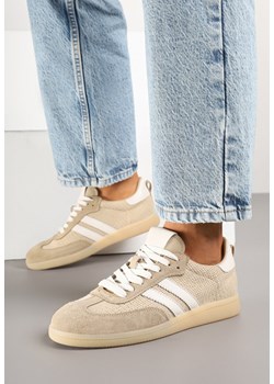 Beżowe Skórzane Sneakersy z Geometrycznym Wzorem Nanovia ze sklepu born2be.pl w kategorii Buty sportowe damskie - zdjęcie 178415631