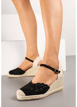 Czarne Sandały Espadryle na Koturnie z Ażurowym Wzorem i Plecionką Sarabina ze sklepu born2be.pl w kategorii Espadryle damskie - zdjęcie 178437223