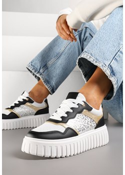 Czarno-Białe Sneakersy na Platformie z Tłoczeniami Zdobione Panterkowym Printem Herraza ze sklepu renee.pl w kategorii Buty sportowe damskie - zdjęcie 178491263