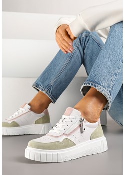 Biało-Zielone Streetwearowe Sneakersy ze Skóry Naturalnej z Ozdobnym Suwakiem Eleavenna ze sklepu renee.pl w kategorii Buty sportowe damskie - zdjęcie 178495564