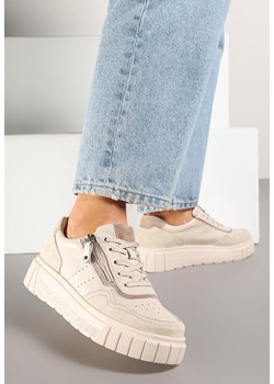 Beżowe Streetwearowe Sneakersy ze Skóry Naturalnej z Ozdobnym Suwakiem Eleavenna ze sklepu renee.pl w kategorii Buty sportowe damskie - zdjęcie 178496311
