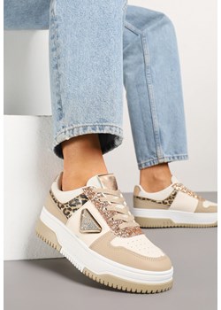 Ciemnobeżowe Sneakersy Ozdobione Brokatem Cyrkoniami i Perforacją Tillitara ze sklepu born2be.pl w kategorii Buty sportowe damskie - zdjęcie 178545690