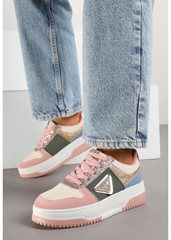 Różowo-Zielone Sneakersy Ozdobione Brokatem Cyrkoniami i Perforacją Tillitara ze sklepu born2be.pl w kategorii Buty sportowe damskie - zdjęcie 178560053