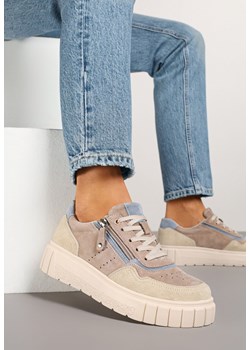 Ciemnobeżowe Sneakersy Skórzane z Ozdobnym Suwakiem Tillirella ze sklepu born2be.pl w kategorii Buty sportowe damskie - zdjęcie 178654620
