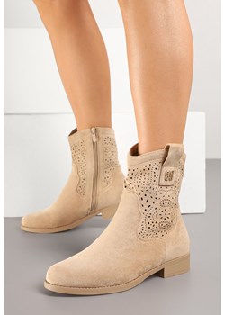 Ciemnobeżowe Botki w Stylu Kowbojek z Ażurowymi Wycięciami Efadriana ze sklepu born2be.pl w kategorii Botki - zdjęcie 178658393
