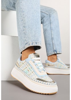 Biało-Niebieskie Sneakersy na Grubej Podeszwie Zdobione Tweedem i Przeszyciami Ulamoriela ze sklepu born2be.pl w kategorii Buty sportowe damskie - zdjęcie 178675662