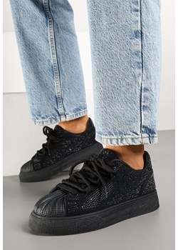 Czarne Sneakersy Ozdobione Cyrkoniami i Tłoczonym Noskiem Calreis ze sklepu born2be.pl w kategorii Buty sportowe damskie - zdjęcie 178729480