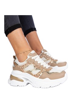 Brązowe sneakersy damskie zdobione brokatem ze sklepu ButyModne.pl w kategorii Buty sportowe damskie - zdjęcie 178735700