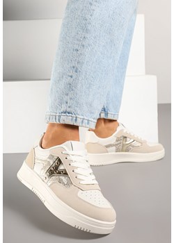 Beżowe Sneakersy z Metalicznym Zdobieniem i Wstawką z Imitacją Skóry Węża Sarilira ze sklepu born2be.pl w kategorii Buty sportowe damskie - zdjęcie 178810663